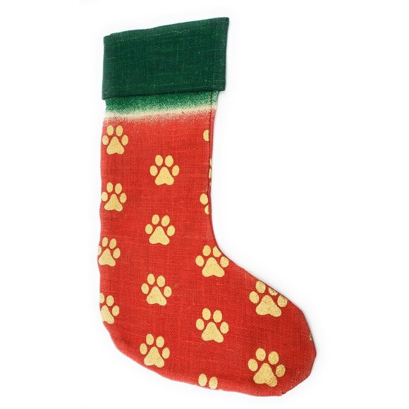 Paw Print Holiday Stocking 100% Jute Red and Green with Gold Pawprints New - Picture 1 of 2